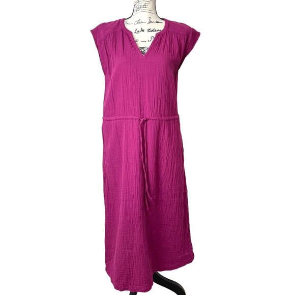 Pact Dresses & Skirts - Pact Coastal Gauze Tie-Waist Midi Dress Cap-Sleeve Organic Cotton Magenta Sz XS
